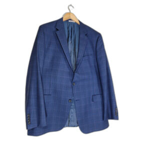 Hickey Freeman Men's Navy Blue Plaid Dual Vent Lapel Sport Coat Suit Jacket- 46L